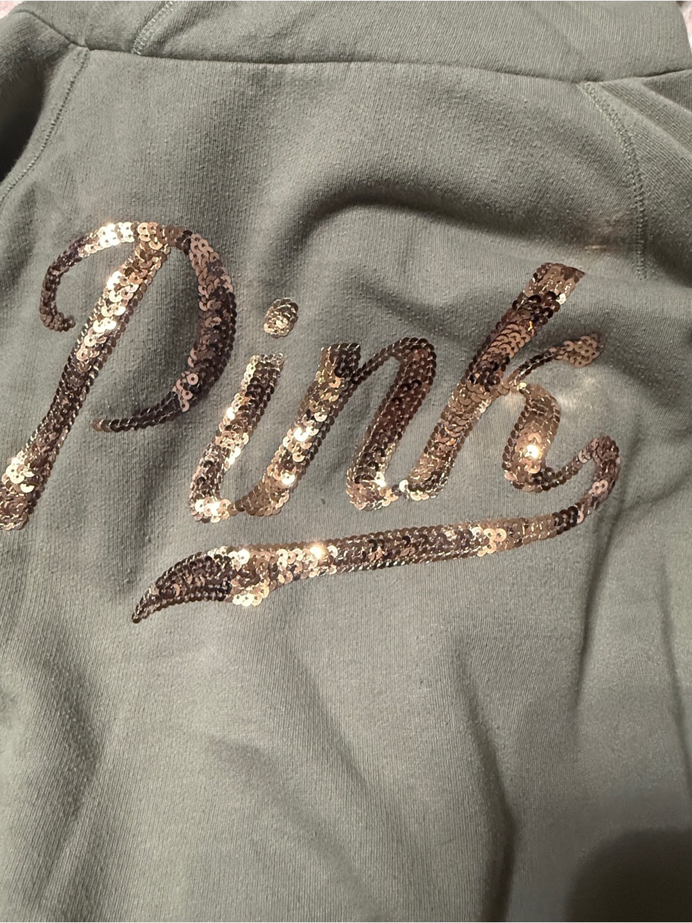 PINK Victoria's Secret Sage Green Pullover with Rose Gold Sequin Logo